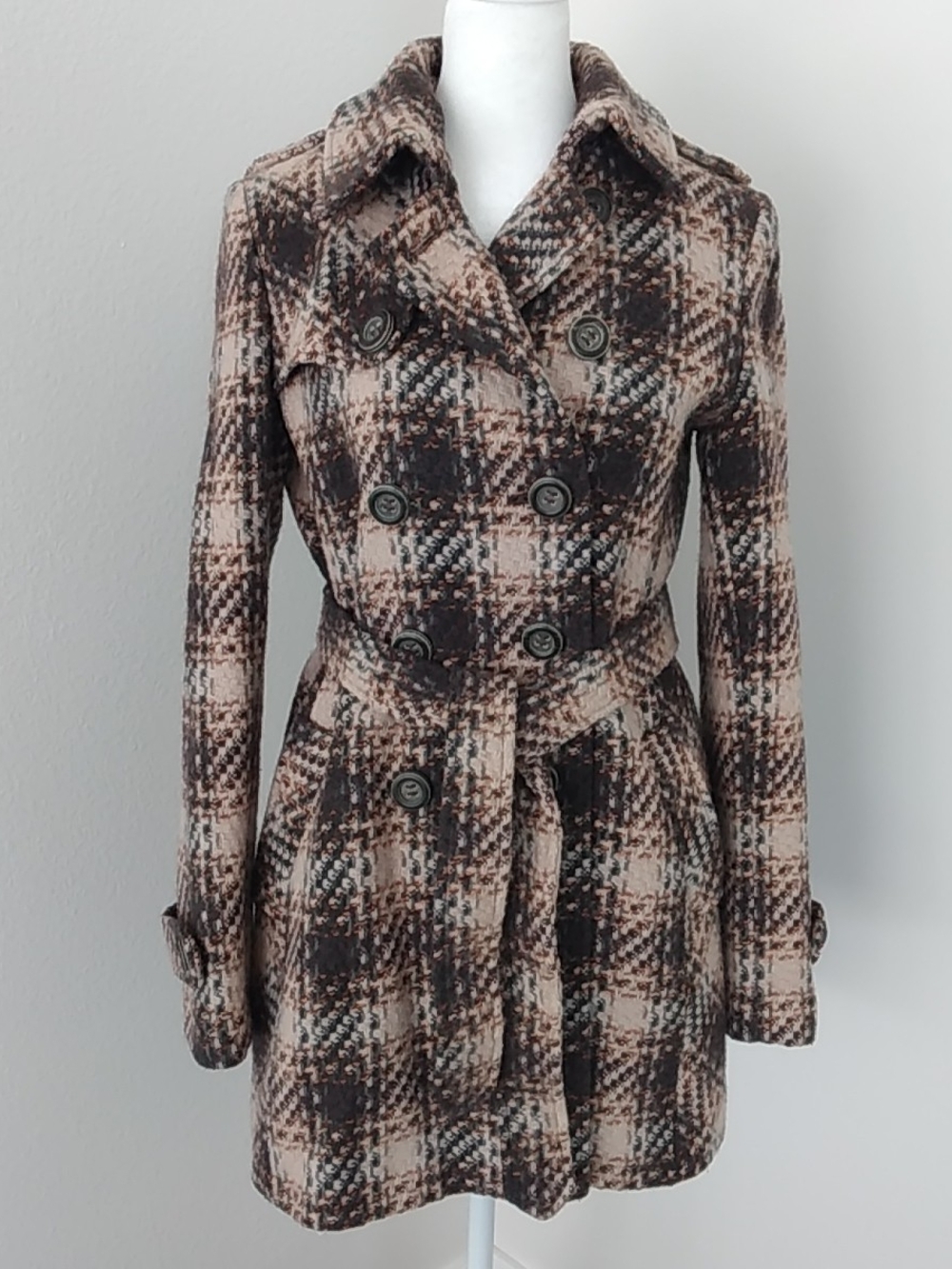 DKNY Plaid Wool Blend Belted Trench Coat Size 6 Double Breasted Peacoat Brown